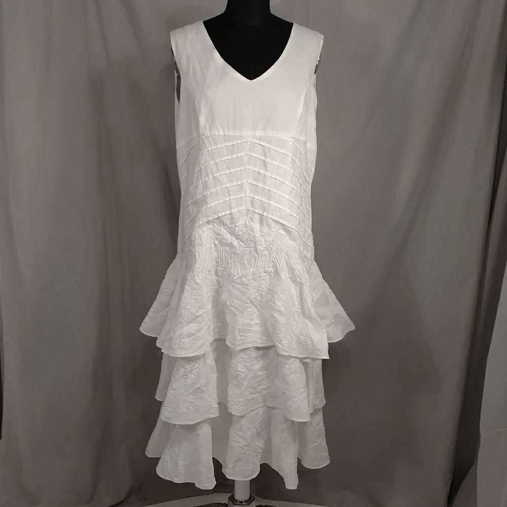 White 100% Linen Dress Wide Ruffle Hem Feminine Sleeveless Long Midi see Measure